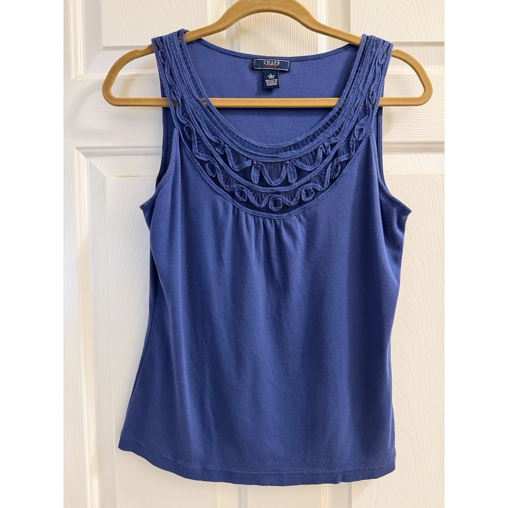 Chaps Women's L Blue Sleeveless Knit Cotton Tank Top Decorative Trim Pullover